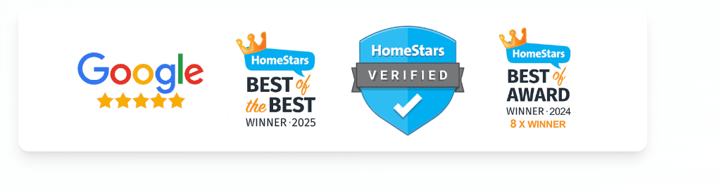 Google 5-star rating, HomeStars Best of the Best Winner 2025, HomeStars Verified, HomeStars Best Award Winner