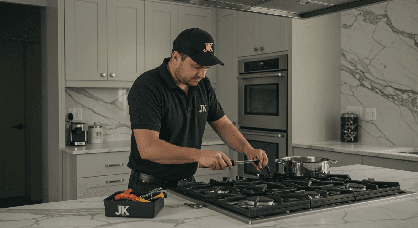 Professional stove technician with toolbox ready to repair your stove